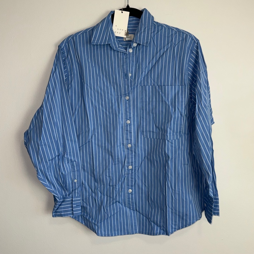 A New Day Womens Blue White Striped Button Down Shirt Long Sleeve XS NWT